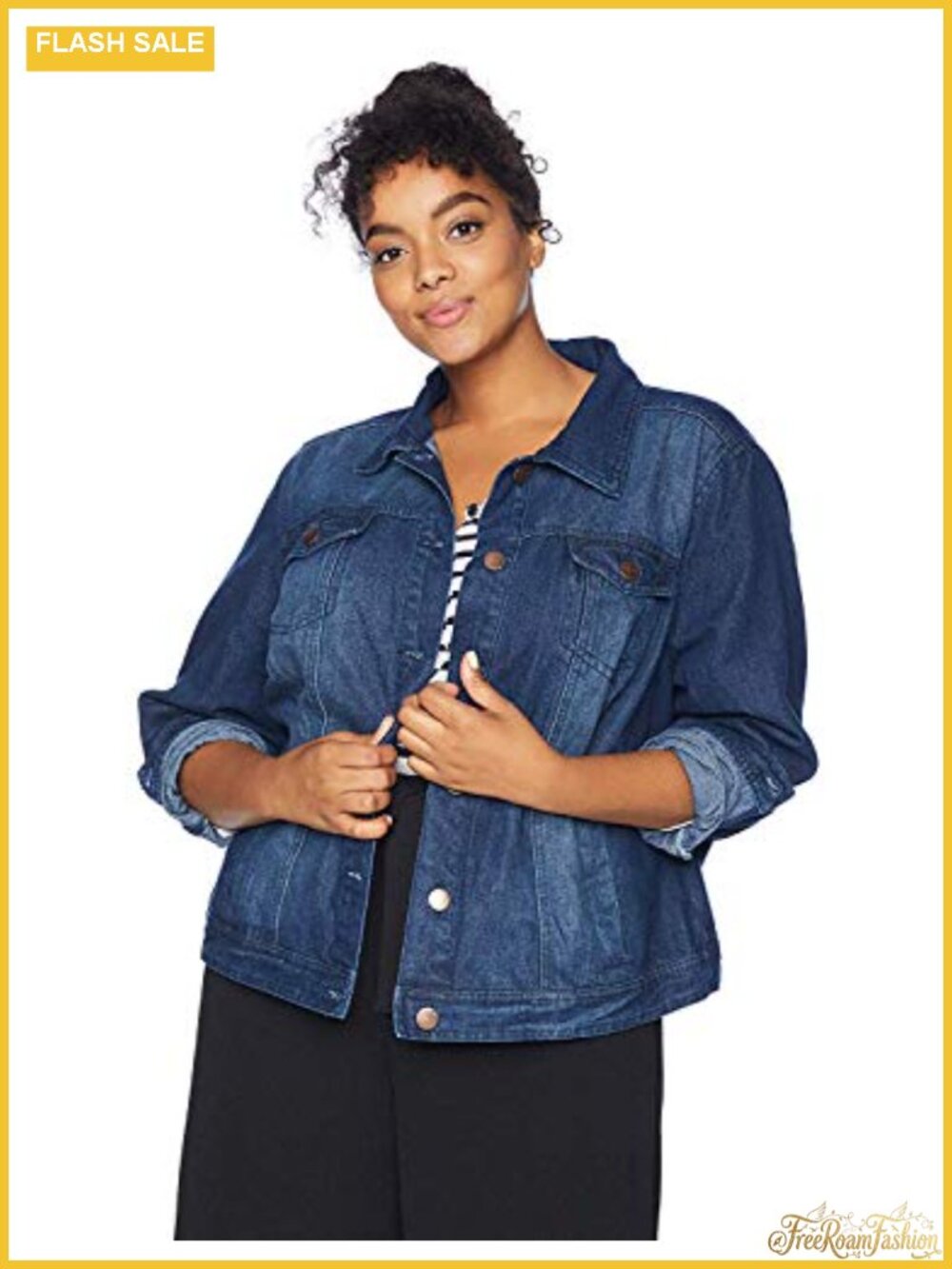 Plus Size Denim Jacket Dark Wash Rigid Heavyweight Long Sleeve Button Flap